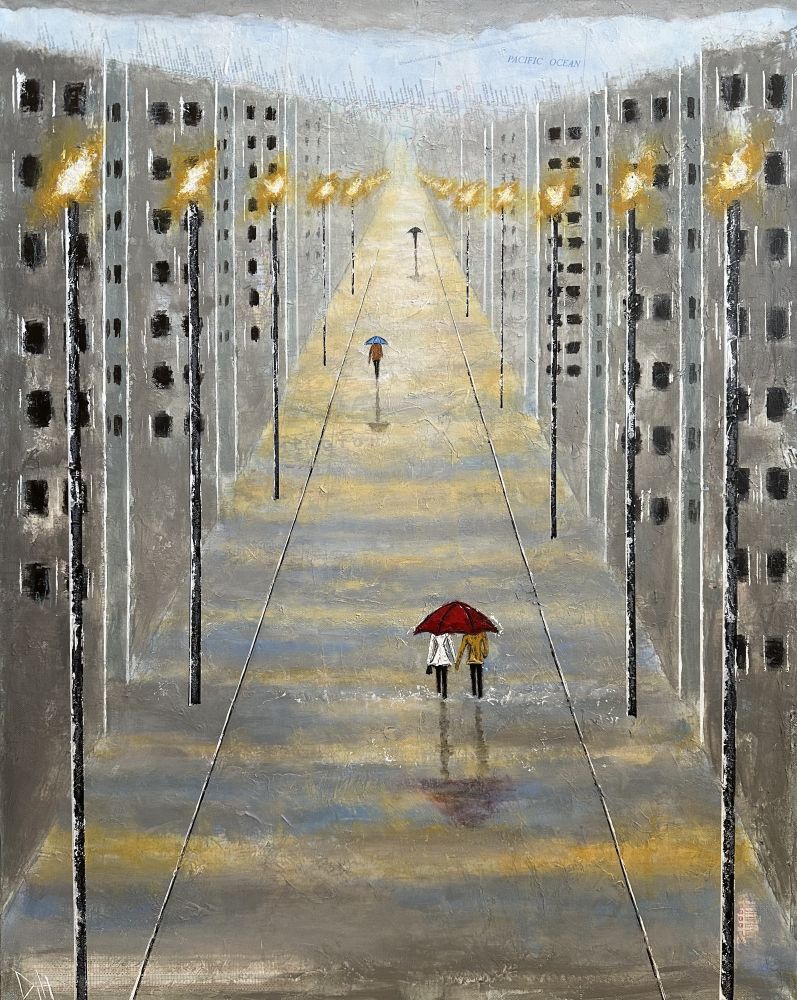 Mixed Media painting of a couple walking in the city