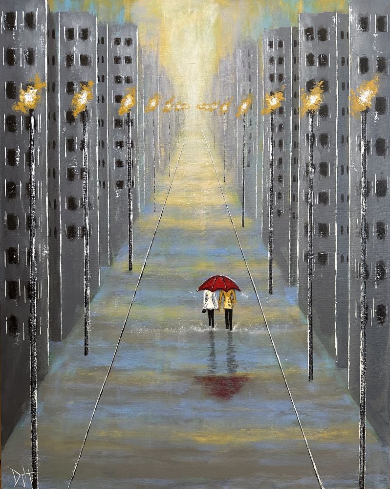 Painting of a couple walking with an umbrella through the city